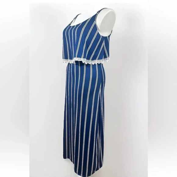 NEW Rouge Collection 1X Navy Striped Stretch Lightweight Maxi Dress Ruffle Front - Picture 3 of 13